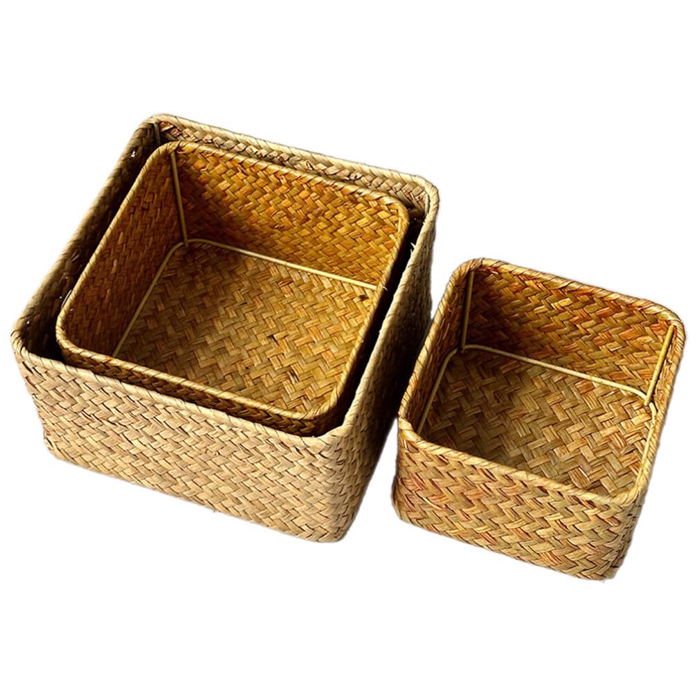 Alipis 3pièces Panier Mer Herbe Tissée Boîte De Rangement Carrée Multifonctionnelle Pour Cuisine Panier Pour Organiser Vos Affaires Maison