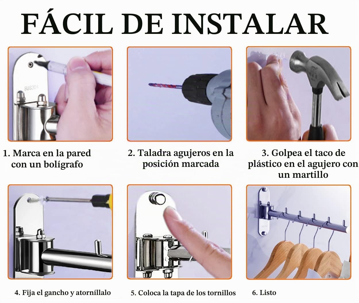 Percha de Ropa con Brazo oscilante, Colgador de Ropa Plegable montado en la Pared, Estante de Secado de Acero Inoxidable 304, Soporte de Gancho Plegable para Colgar (Plateado)