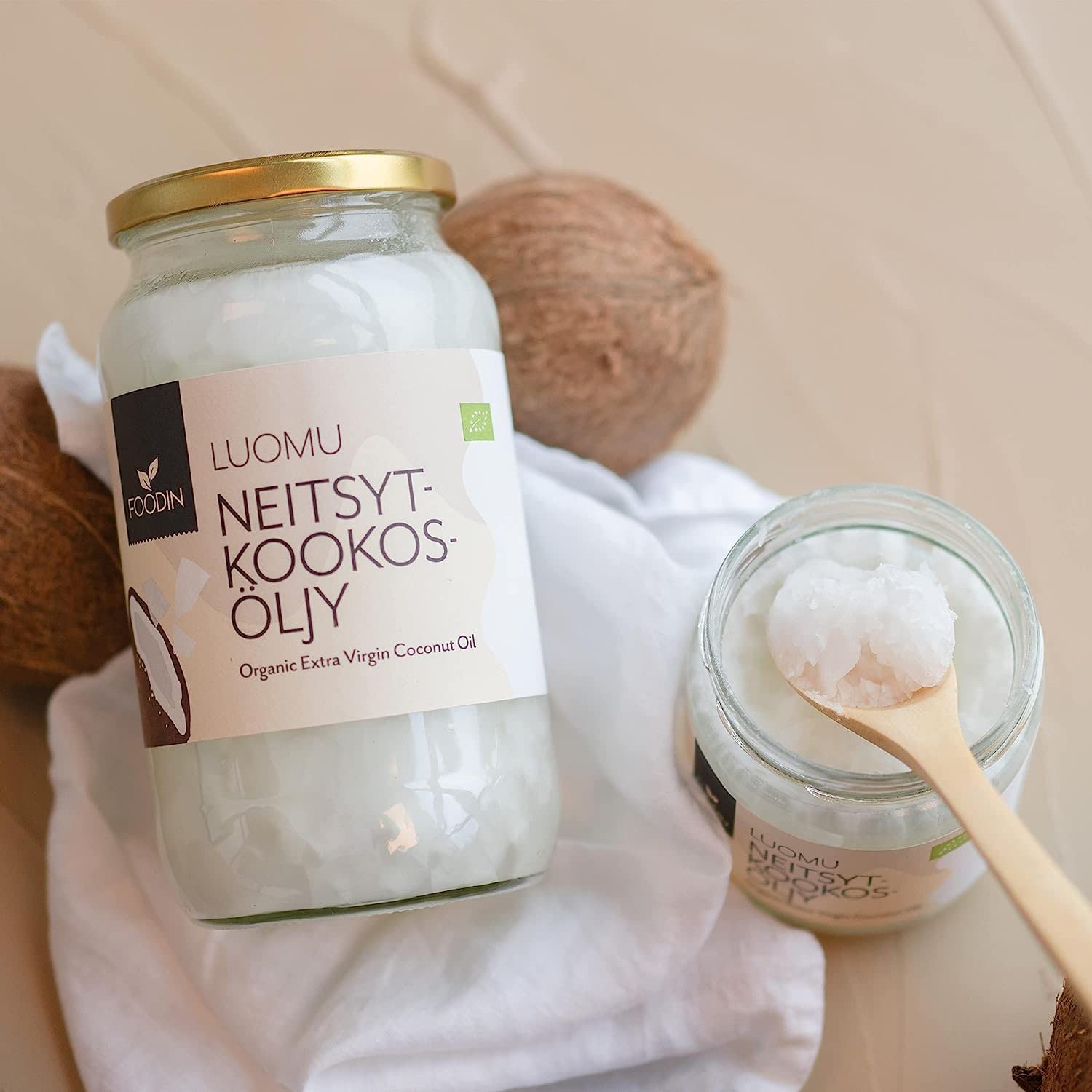 FOODIN Olio di Cocco Biologico Vergine - 100% Naturale e Puro, Ideale per Cucina, Frittura, Pasticceria e Cura di Pelle e Capelli, Spremuto a Freddo (1000 ml, Confezione da 2)