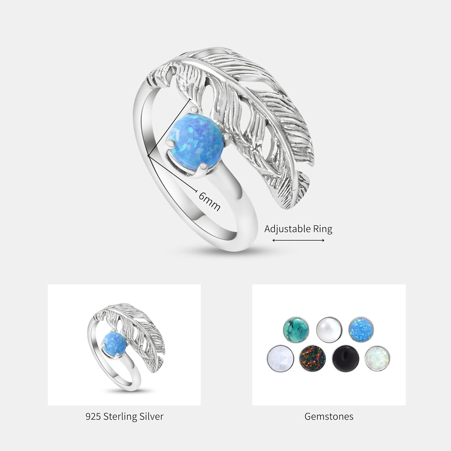 925 Sterling Silver Adjustable Feather Ring For Women with Blue Opal Gemstone; Open Ended Spiral Ring; Dainty Feather Sizable Ring Jewelry Wrap and Fit to Every Finger, Handmade Jewelry For Women - Image 7