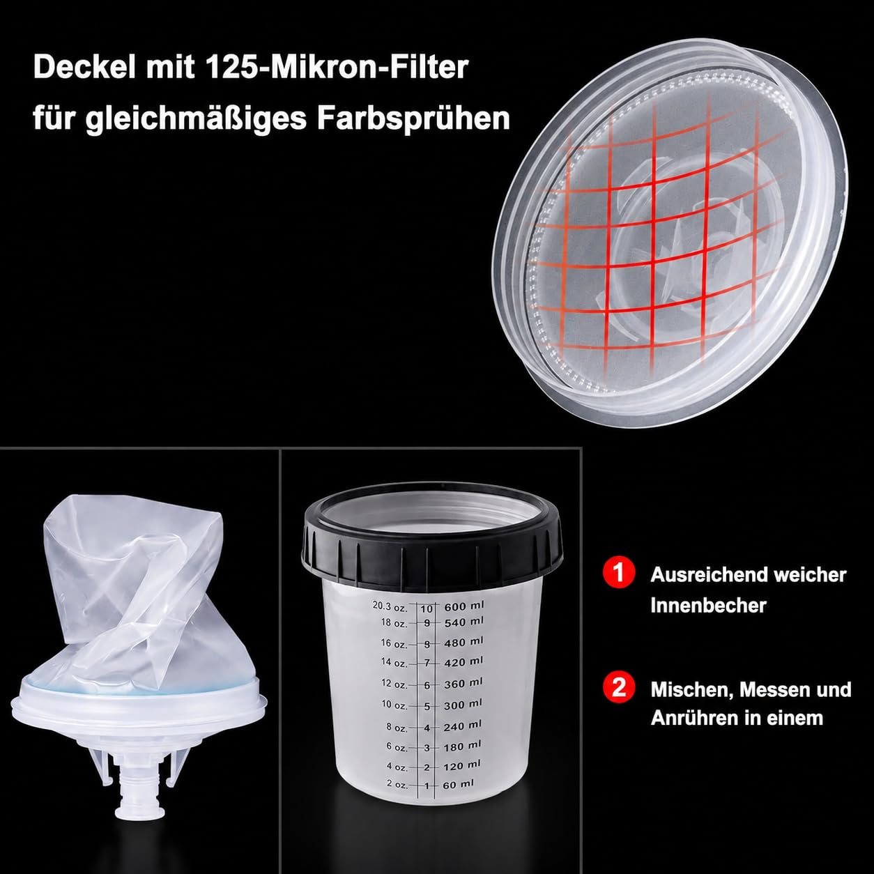 Lackierpistole Becher Set für HVLP- und LVLP-Lackierpistole 600ML Lackmischbecher Kit mit 30 Bechern und Deckeln, 20 Stecker, 10 Verschlussstopfen, Rührstab, Handschuhe und Aufbewahrungsbeutel