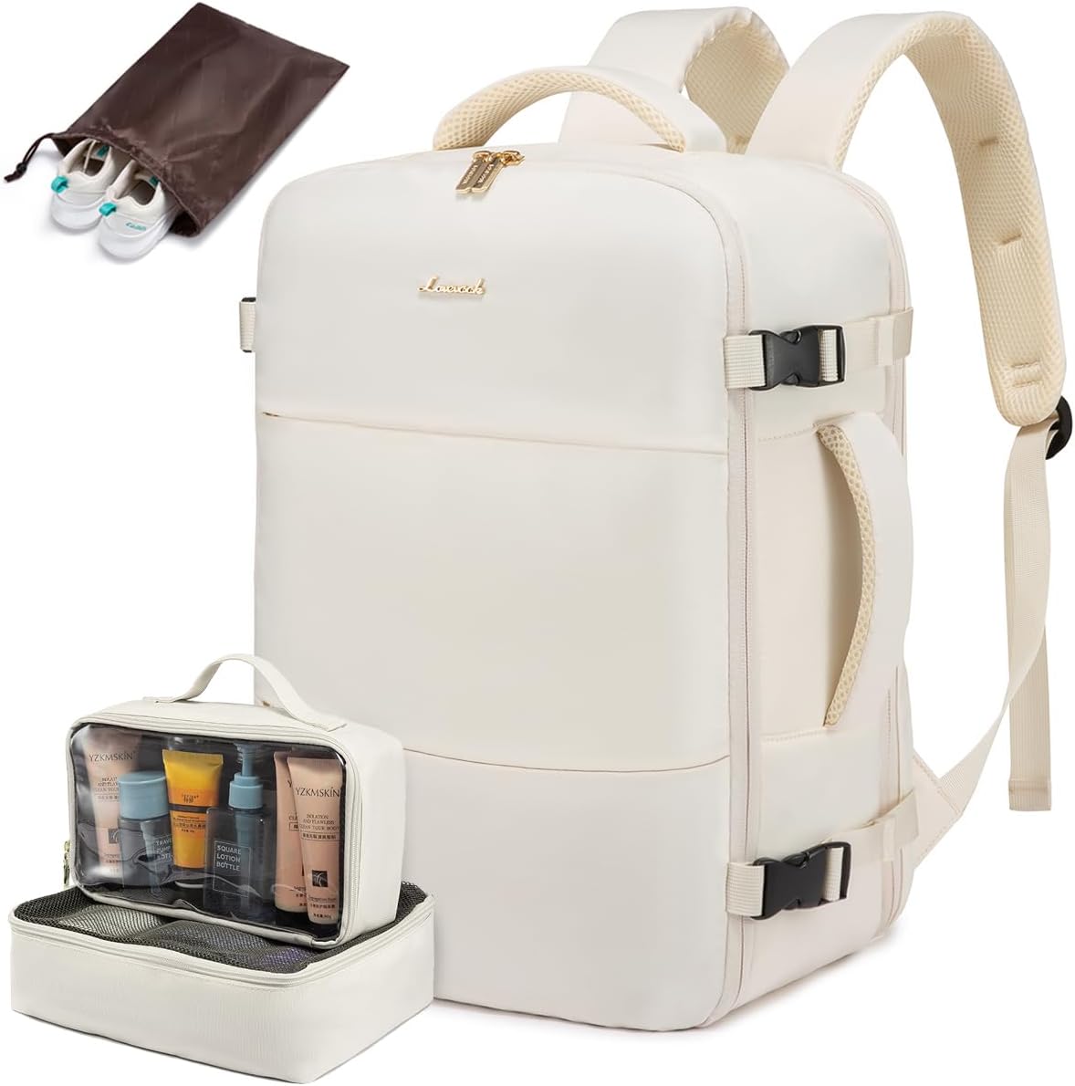 LOVEVOOK Travel Backpack for Women,40L Carry On Backpack Flight Approved with 3 Packing Cubes,TSA Personal Item Travel Bag Fits 17.3” Laptop,Weekender Hiking Business Luggage Daypack Beige