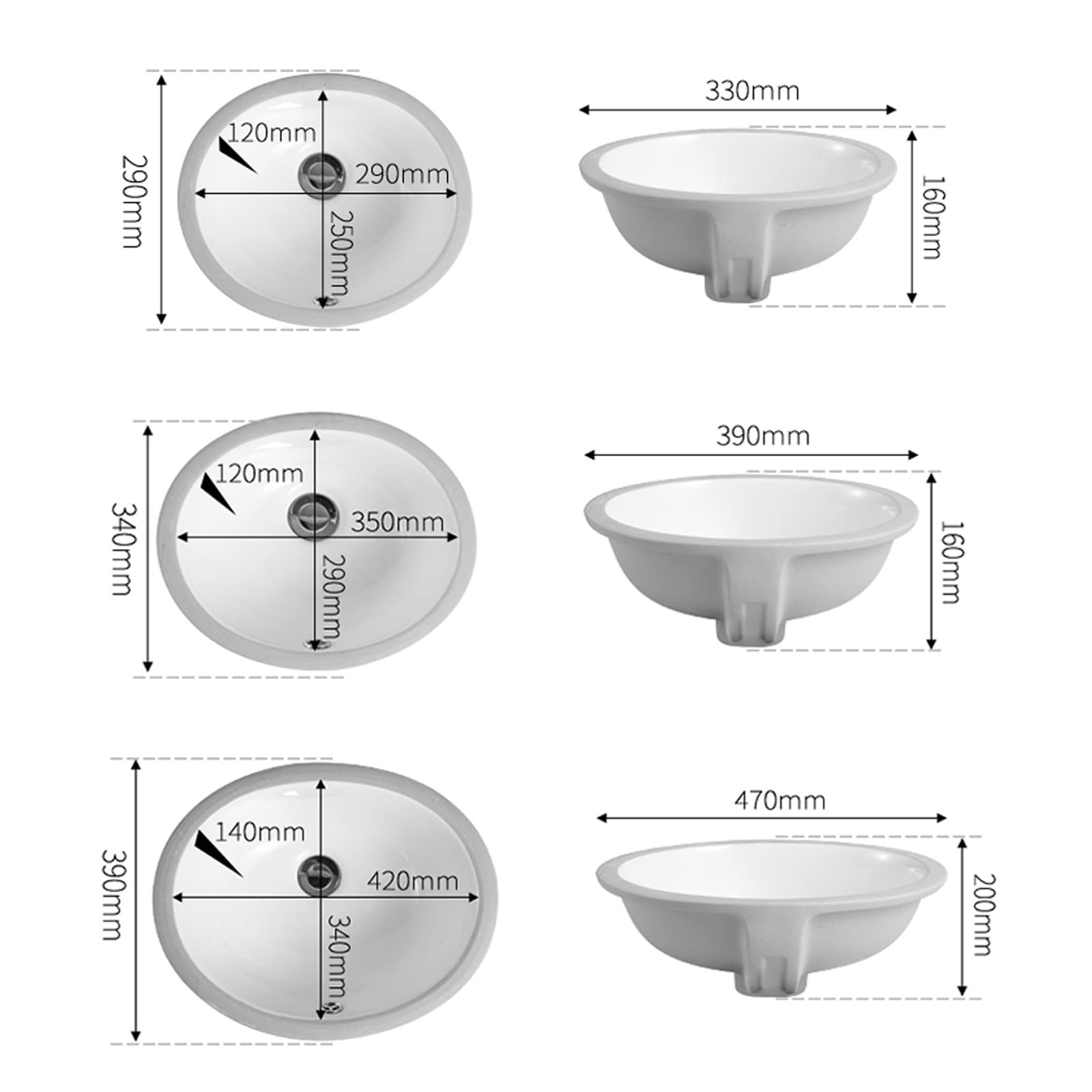 Waschbecken Eingebettete Installation Weiß Oval Porzellan Keramik Badezimmerbehälter Waschbecken für Badezimmer (Größe: 13inch)