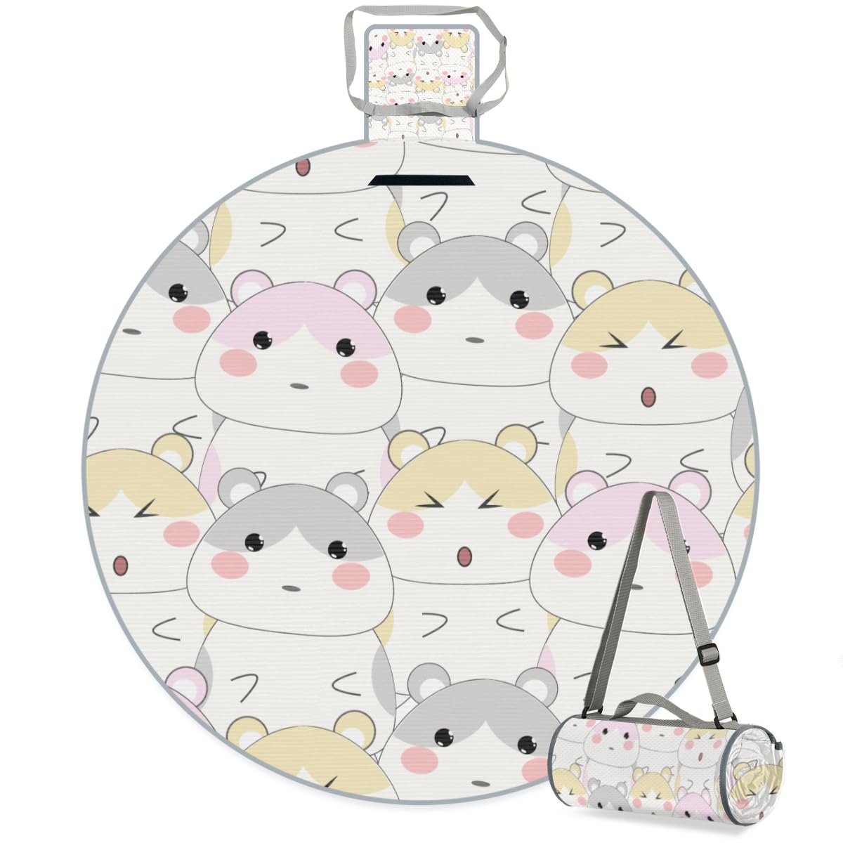 Shimoshe Cute Hamster Picnic Outdoor Blanket Foldable Waterproof Sandproof Beach Blanket Portable Water-Resistant Round Picnic Mat for Travel Camping Park Lawn