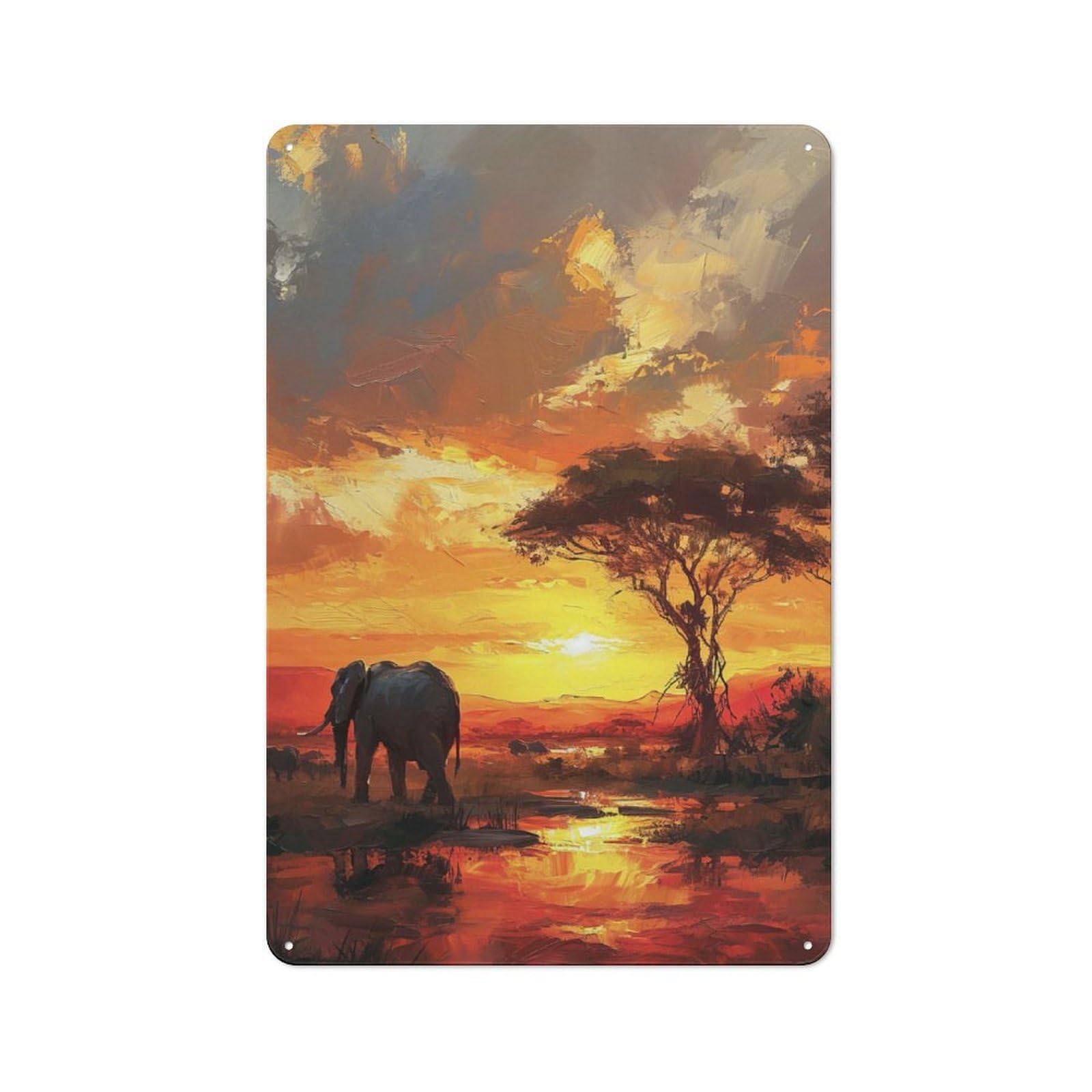 Junmoney Style-16 Retro Metal Plaque 30X20cm Featuring Elephant Sunset For Workshop Wall, For Metal Sign Collectors, For Garage And Workshop Walls