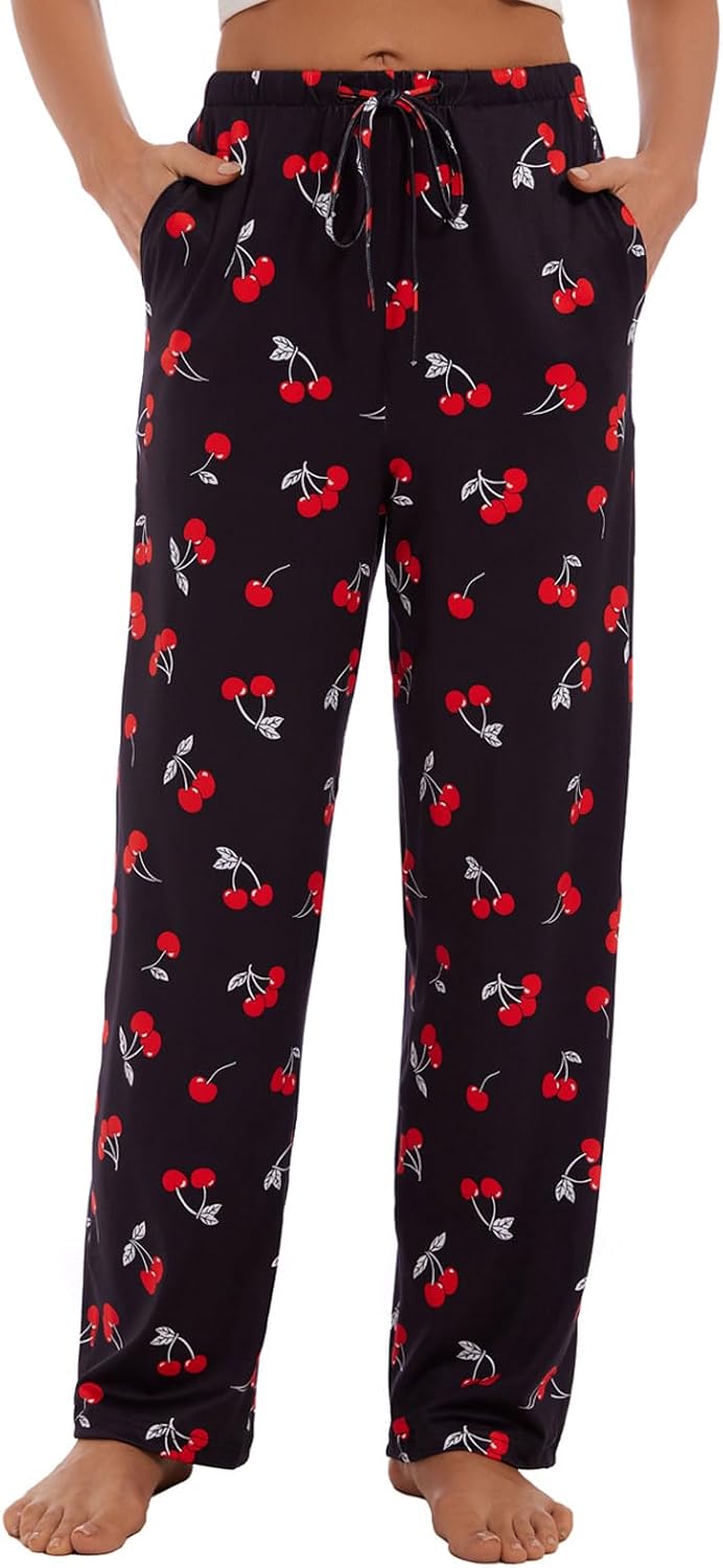 Devirld Women's Lounge Pants, Straight-Leg Loose Pajama Pants for Women Flowy Wide Leg Palazzo Trousers with Pockets Cherry