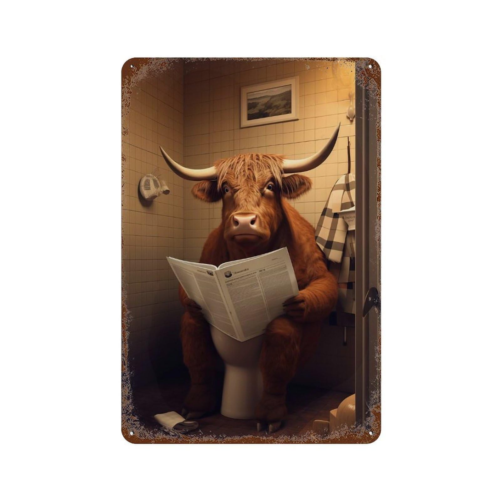 Highland Cow on The Toilet Retro Metal Sign 11.8"x7.9", Decorative Metal Wall Art for Garage, Bar And Workshop Decor