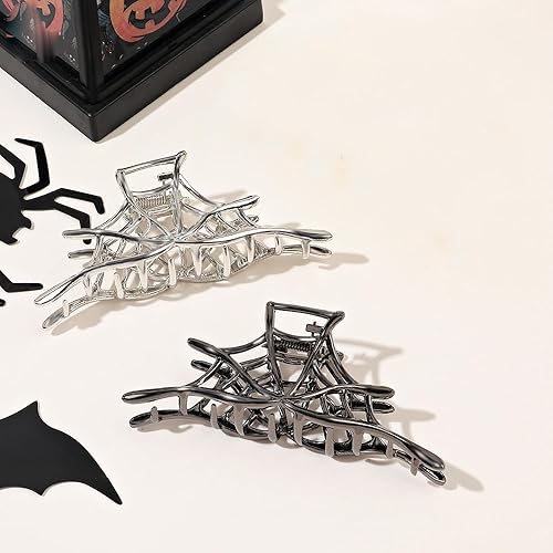 Miniatura 8 de ROMODIYA Pinza para el cabello, 1 pinza para el cabello con diseño de telaraña de Halloween, pinzas de metal negro antideslizante para cola de