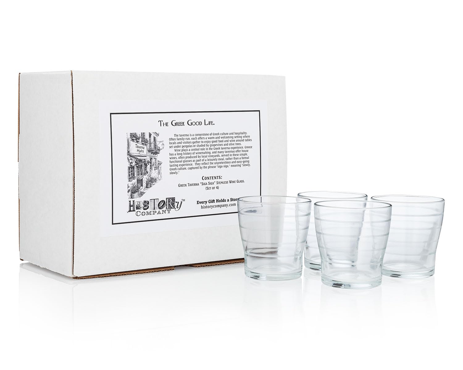 Authentische griechische Taverna Weinglas ohne Stiel, 4-teiliges Geschenkbox-Set