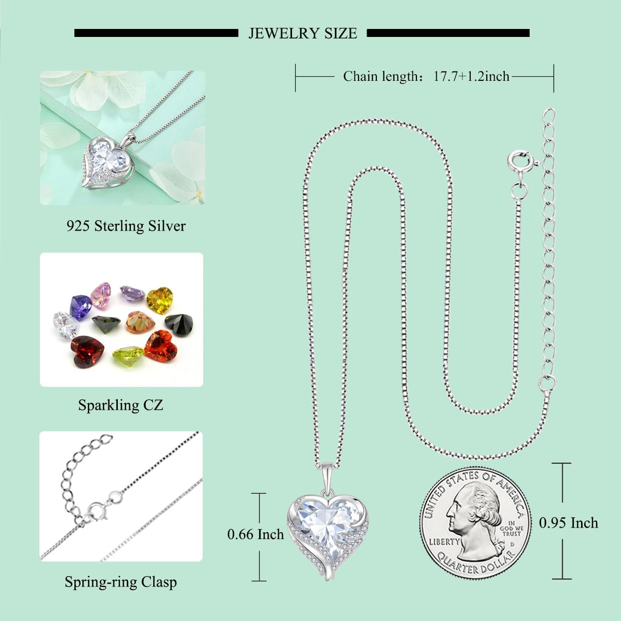 STARCHENIE Angel Wings Necklaces for Women, 925 Sterling Silver Love Heart Pendant Birthstone Jewelry