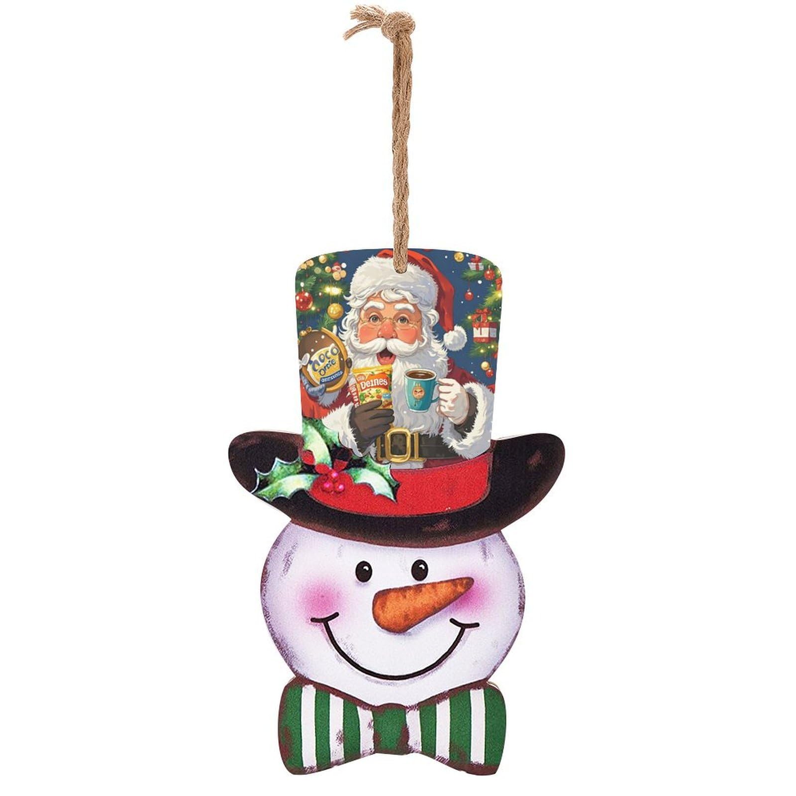 Panneau de Noël à suspendre en bois noble peint Père Noël gourmand