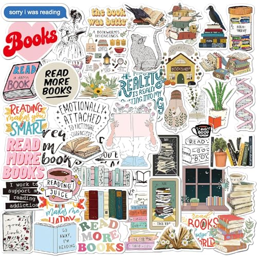 Book Stickers | 50Pcs Aesthetic Bookish Reading Stickers for Kindle | Book Lover Gifts for Adults Women | Cute Vinyl Decals for Laptop Water Bottles iPad Readers Journal Scrapbook Phone Waterproof
