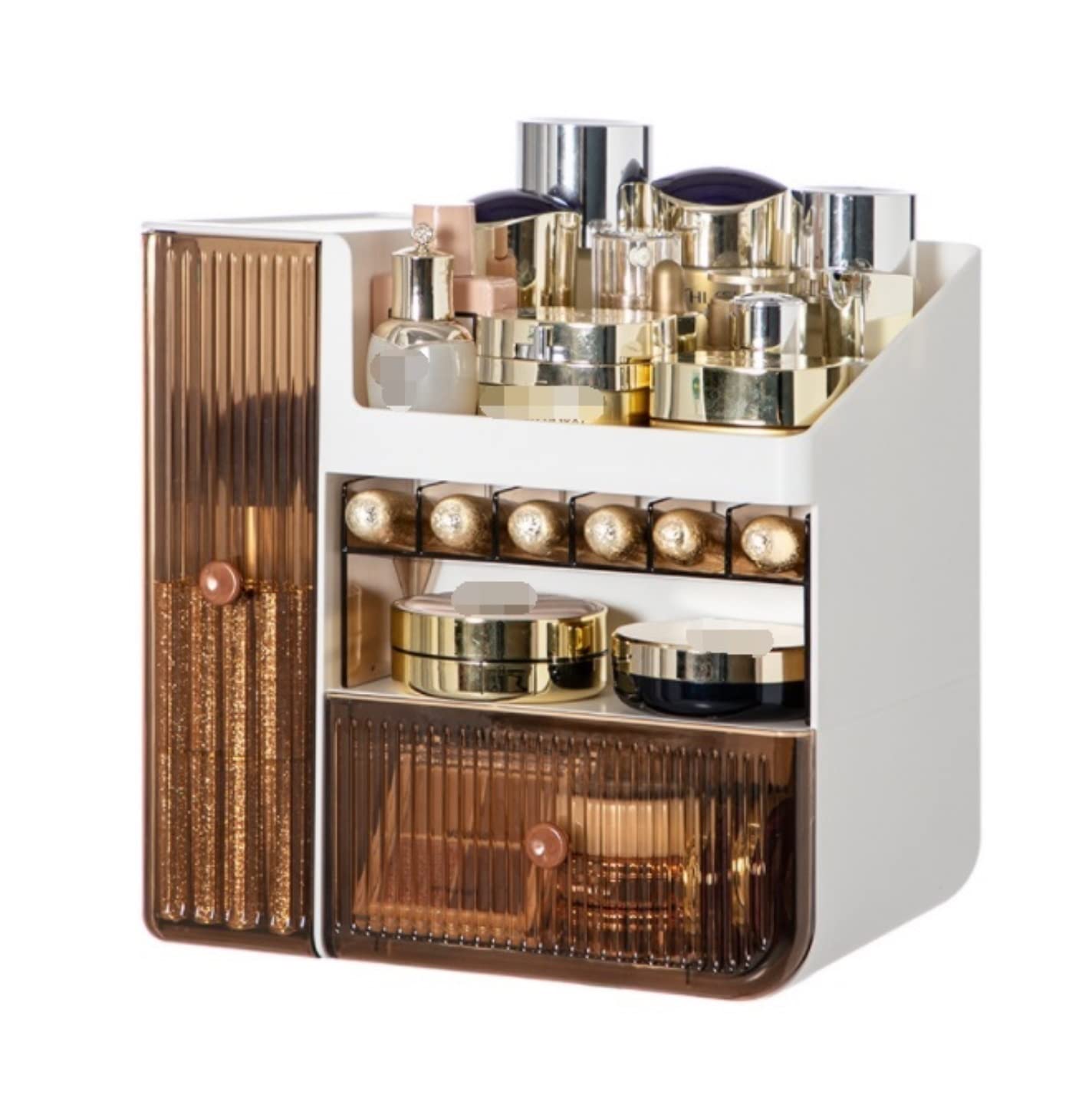 Schminktisch Organizer Make Up Organizer PP Schublade Kosmetik Aufbewahrungsbox Desktop Schminktisch Hautpflege Make-up Organizer Kosmetik Organizer Badezimmer(White)