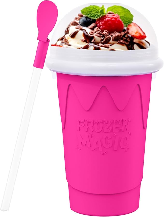 500ML Slushie Maker Cup - DIY Magic Slushy Maker Squeeze Cups, Portable Smoothie Squeezes Cup for Milk and Ice Cream Make, Double Layer Slushy Maker Cups, Birthday Gifts for Family (Pink, 500ML)