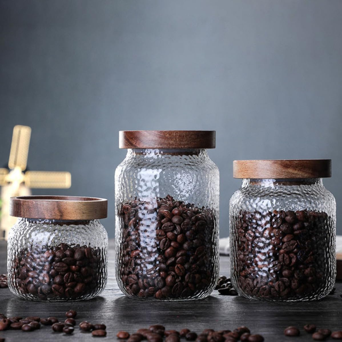 Tarros Herméticos Capacidad 350ml, 500ml y 700ml Juego de 3 de Vidrio con Tapa de Madera de Acacia Recipientes Multipropósito para Almacenamiento de Café y Té