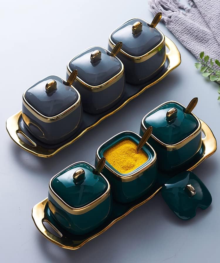 Image of JRM 3Pcs Condiment Jar Condiment Seasoning Pot with Ceramic Tray, Serving Spoon and Lid for Tea Sugar Coffee Salt Pepper and Spices (Green)