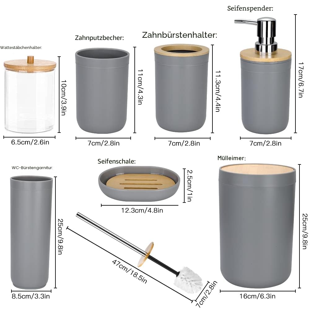 JOTOM 7 Stück Bambus Badezimmer Zubehör Badezimmer Zubehör Set Luxus Modern Bad Set Zahnbürstenhalter Becher Qtip Halter Toilettenbürste Set Seifenschale Mülleimer Seifenspender (Grau)