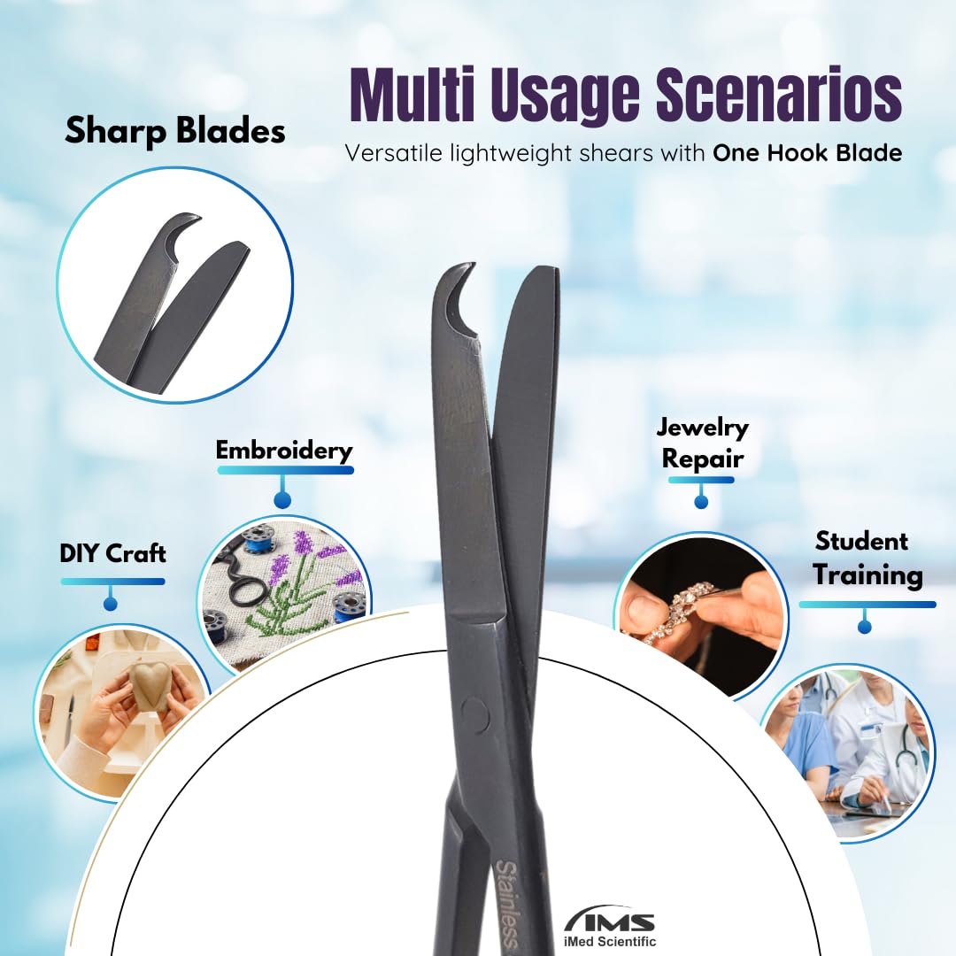 IMED Suture Stitch Scissors with Black Fluoride Coating Stainless Steel Shears, Crescent Delicate Hook Shaped Sharp Blades for Multipurpose Cutting (Black 3.5