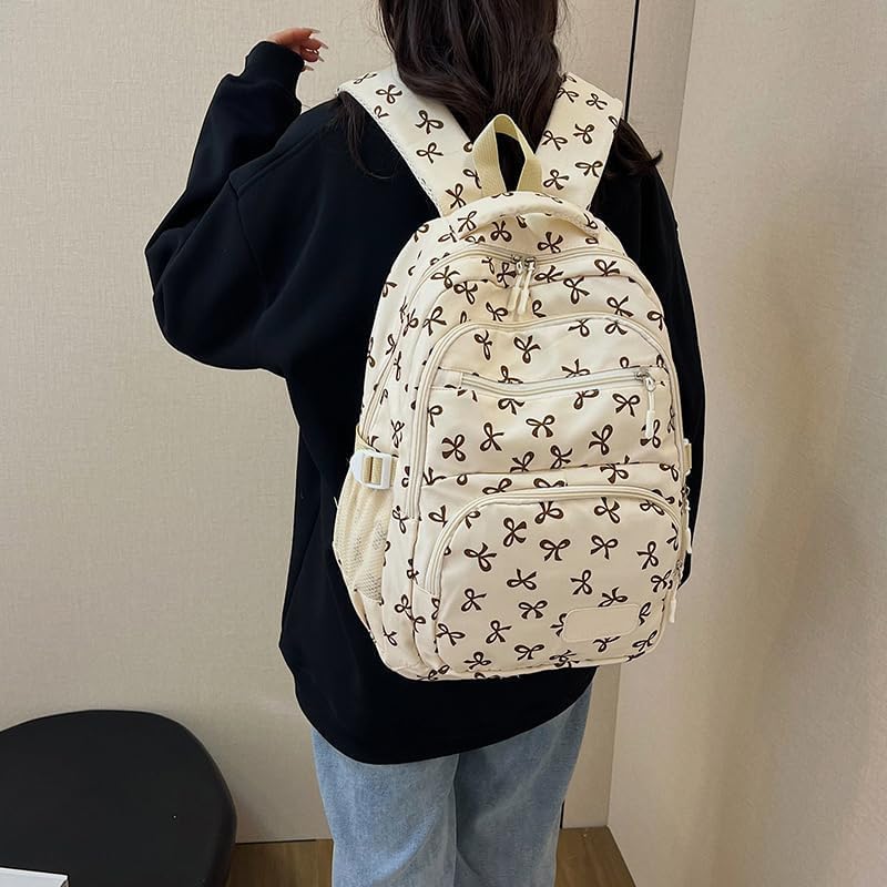 Bow Backpack for Women, Coquette Aesthetic Nylon Rucksack, Cute Kawaii Backpack Set, Bow Rucksack (White)3