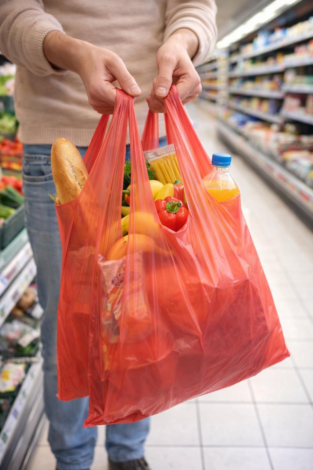 NOCEL Plastikowe torby z uchwytami. Torba T-shirt 70% z recyklingu 50 mikronów BORDE. Torba z uchwytami. Opakowanie 1 kg. (42x53 cm)