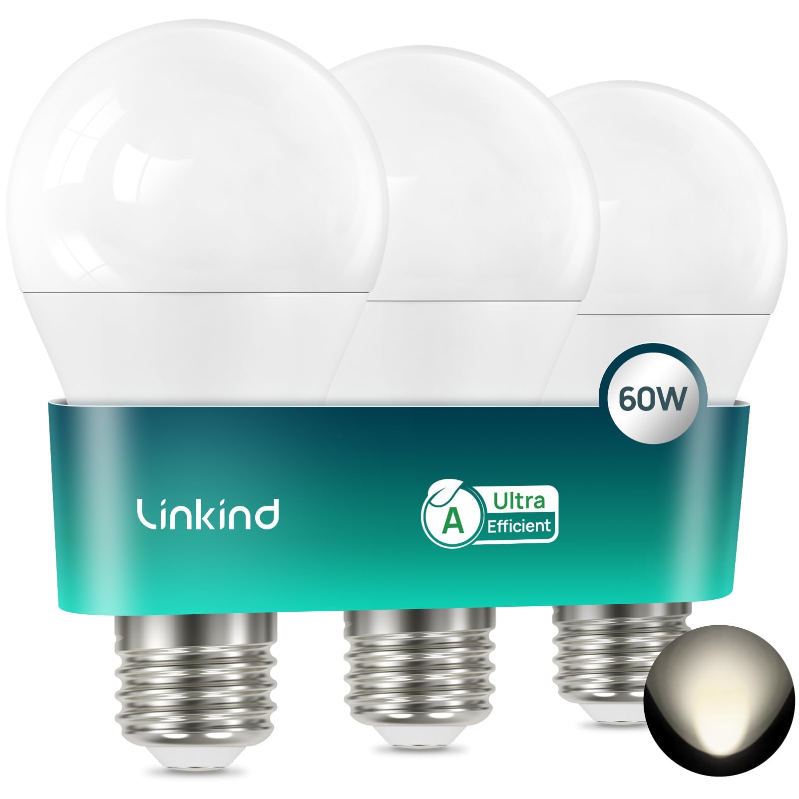 Linkind E27 Screw Bulbs,Ultra-Efficient Class A LED Bulbs, 3.8W (60W Equivalent), Neutral White 4000K, 806LM Edison Screw LED Light Bulb, Non Dimmable, Pack of 3