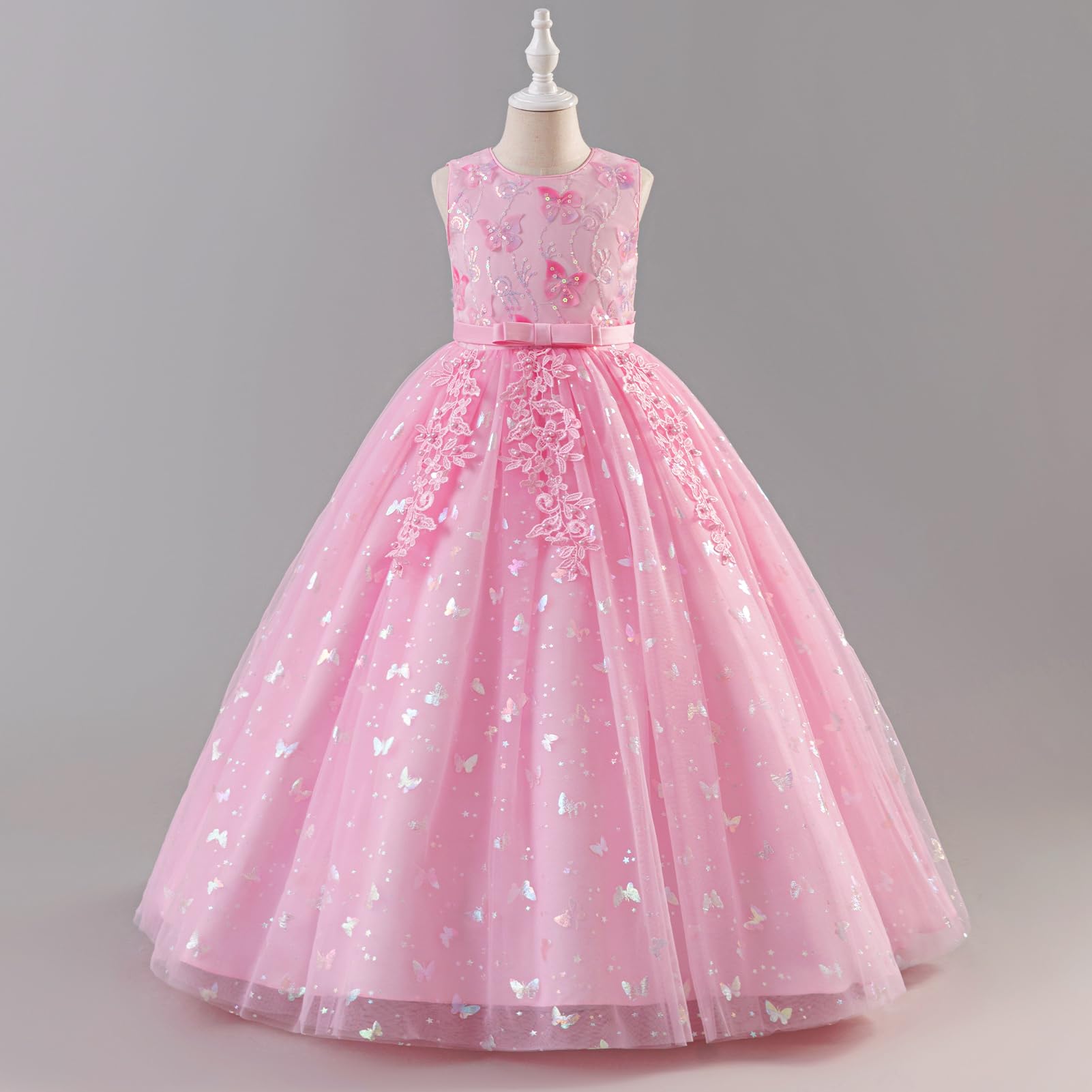 Abito da ragazza con fiori 3D floreale senza maniche in pizzo abito lungo da sposa elegante lunghezza al pavimento principessa tulle tutù abito da ballo festa di compleanno sera festival