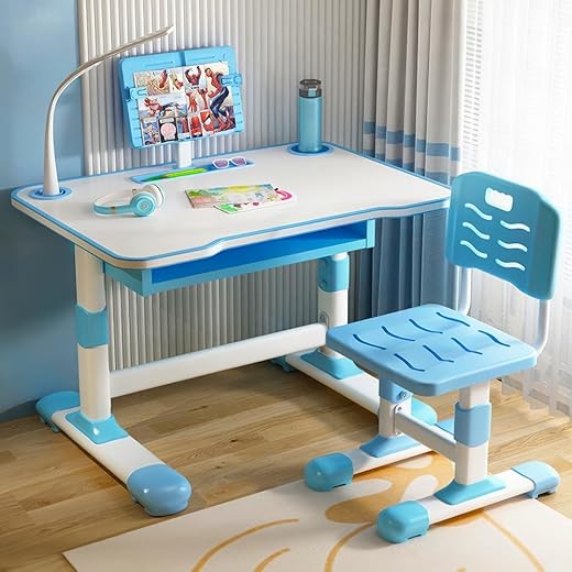 StarAndDaisy Kids Functional Desk and Chair Set, Height Adjustable Children School Study Table with, Bookholder Slot, LED Lamp, Storage for Boys Girls 4-12 Years. Doodle Board (UPG Blue) (K80-Blue)