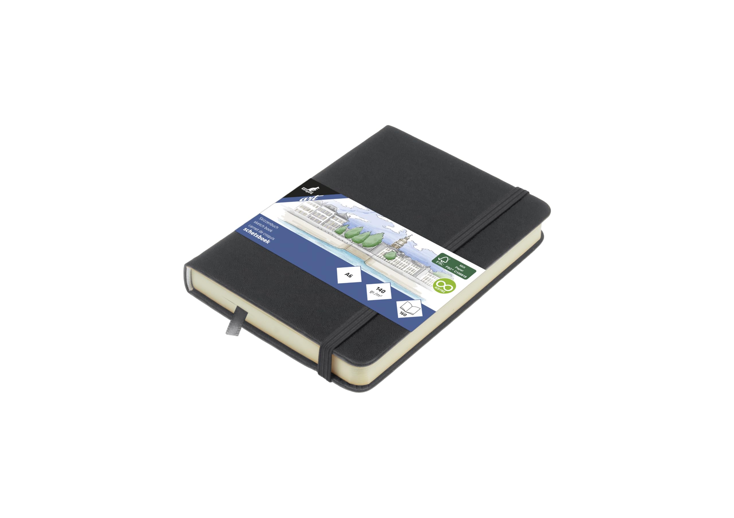 Kangaro Art Sketchbook A6 Cold Grey PU Hard Cover 80 Sheets 140 g Cream Paper with Elastic Band and Ribbon