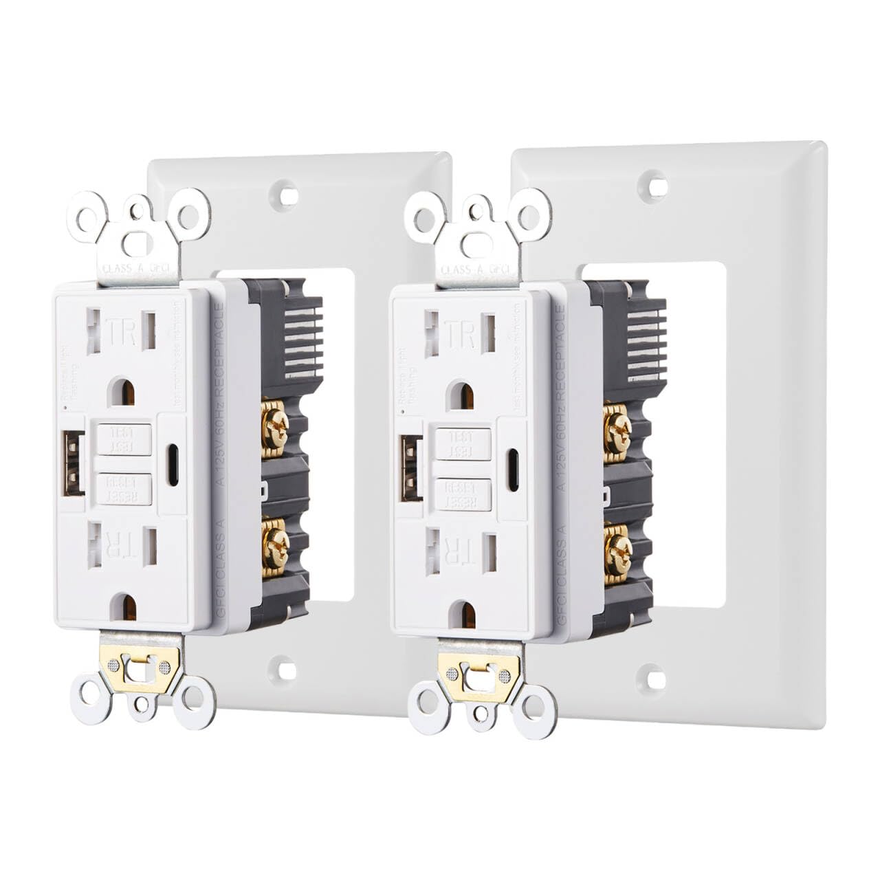 15 Ampere Selbsttest-GFCI Steckdosen-Kombination mit USB Typ A und Typ-C, manipulationssichere dünnere Duplex-Steckdose, Wandmontage, USB-Ladegerät für Smartphones, Tablets, Schwarz, 2er-Pack