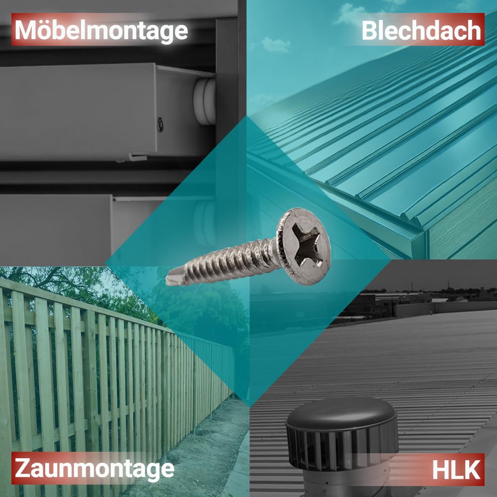 VOOXA 1000St Bohrschrauben DIN7504 Edelstahl A4 3,5x25mm Selbstschneidend | Selbstschneidende Flachkopfschrauben mit Vollgewinde für Weichmetalle | DIN 7504 Senkkopfschrauben