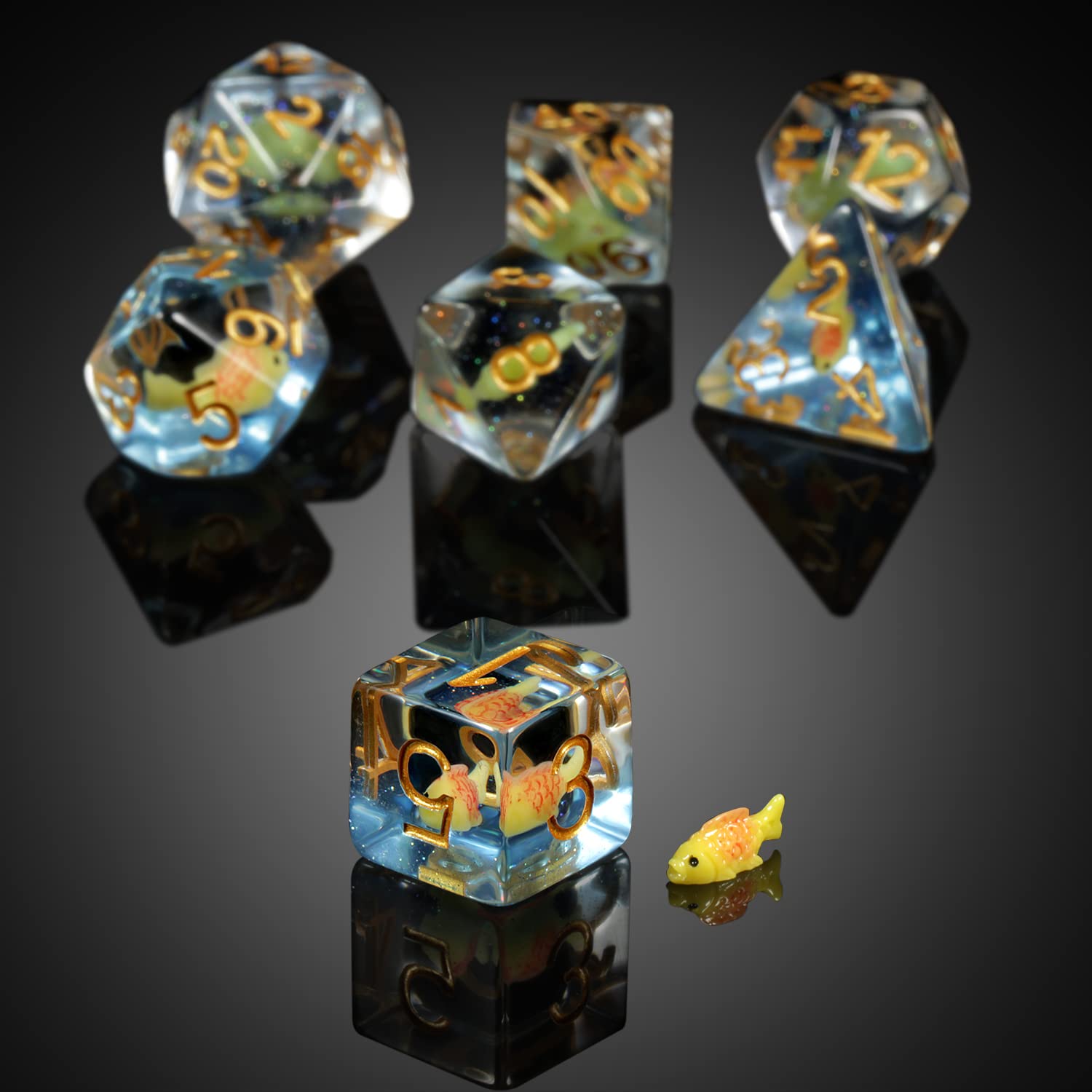 Fish DND Dados, DNDND Juego de dados de resina 7PCS con bolsa de terciopelo para mazmorras y dragones D&D juegos de rol y juegos de mesa (juego de dados DND de peces