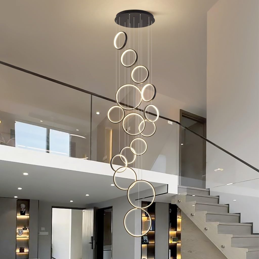 Lampadario a Sospensione LED Moderno - Plafoniera dimmerabile con Telecomando, Altezza Regolabile, 18 luci, 195W. Ideale per Scale, Soggiorno, Hotel, Ingresso.