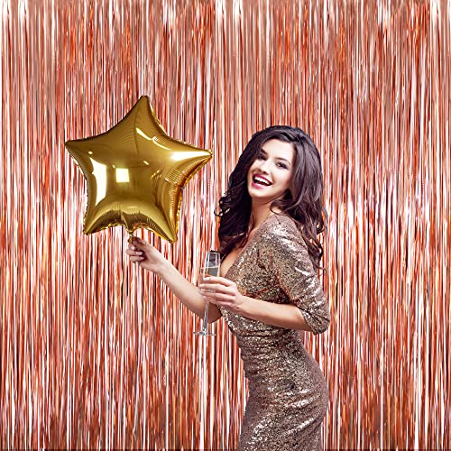 Image of GOER 3.2 ft x 9.8 ft Metallic Tinsel Foil Fringe Curtains for Party Photo Backdrop Wedding Decor (3 Packs, Rose Gold)