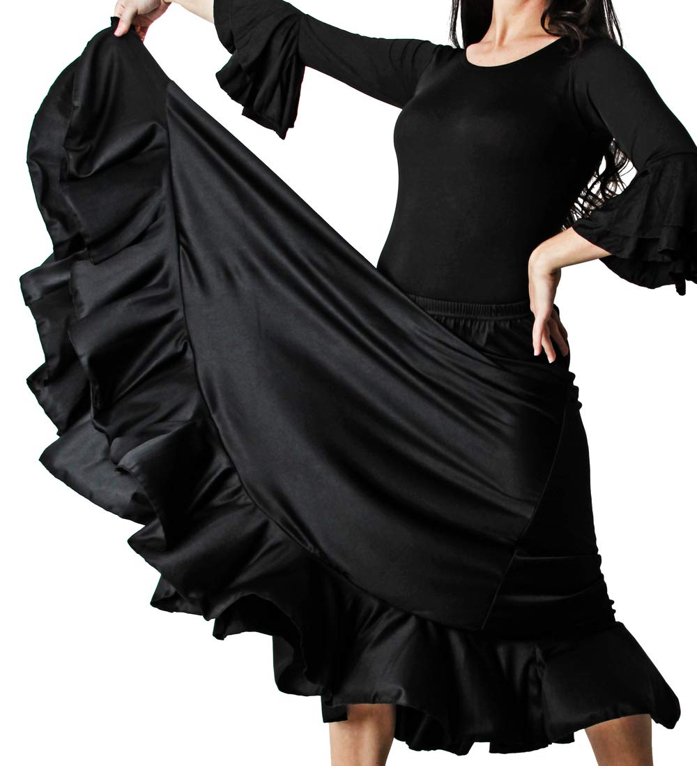 Gojoy shop- Traje Profesional de Baile Danza Flamenco o Sevillanas para Mujer de 2 Piezas (Contiene Body con Doble Volantes en Manga y Falda con Un Volante Liso (13-14 años, Negro)