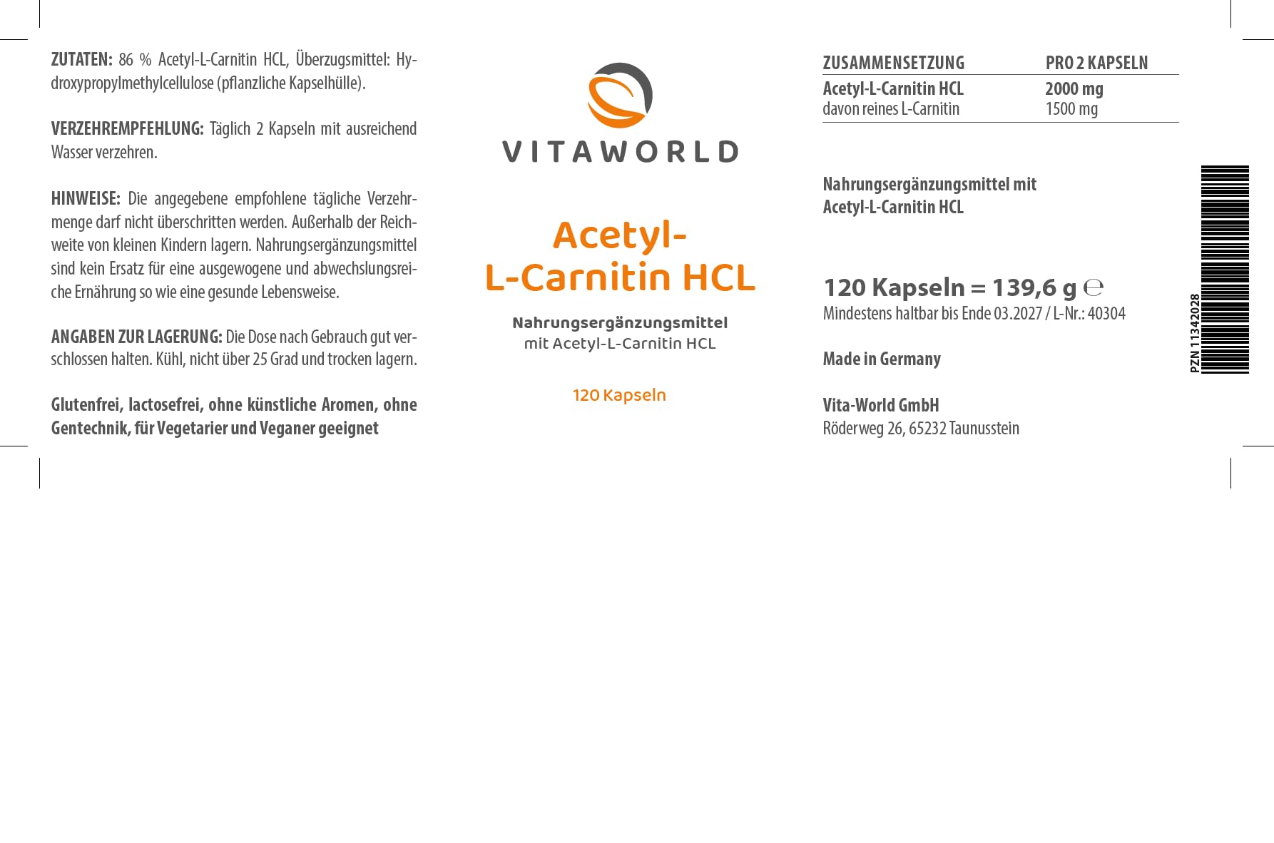 3er Pack Vita World Acetyl-L-Carnitin HCL 1000mg pro Kapsel 3 x 120 Kapseln hohe Bioverfügbarkeit Vegan Apotheker-Herstellung