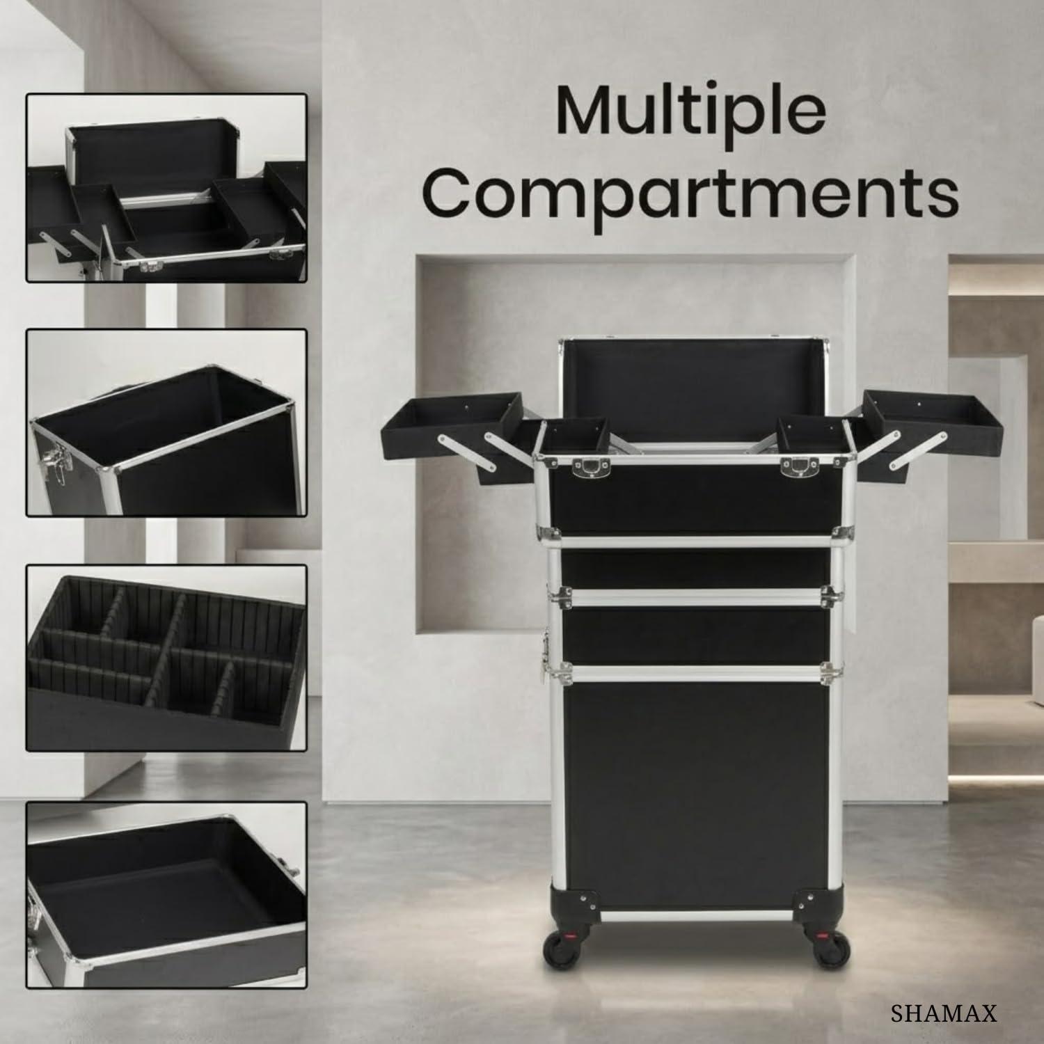 SHAMAX Professional Vanity Trolley for MUA's, Salons with 4 Wheels (Train Case) 3