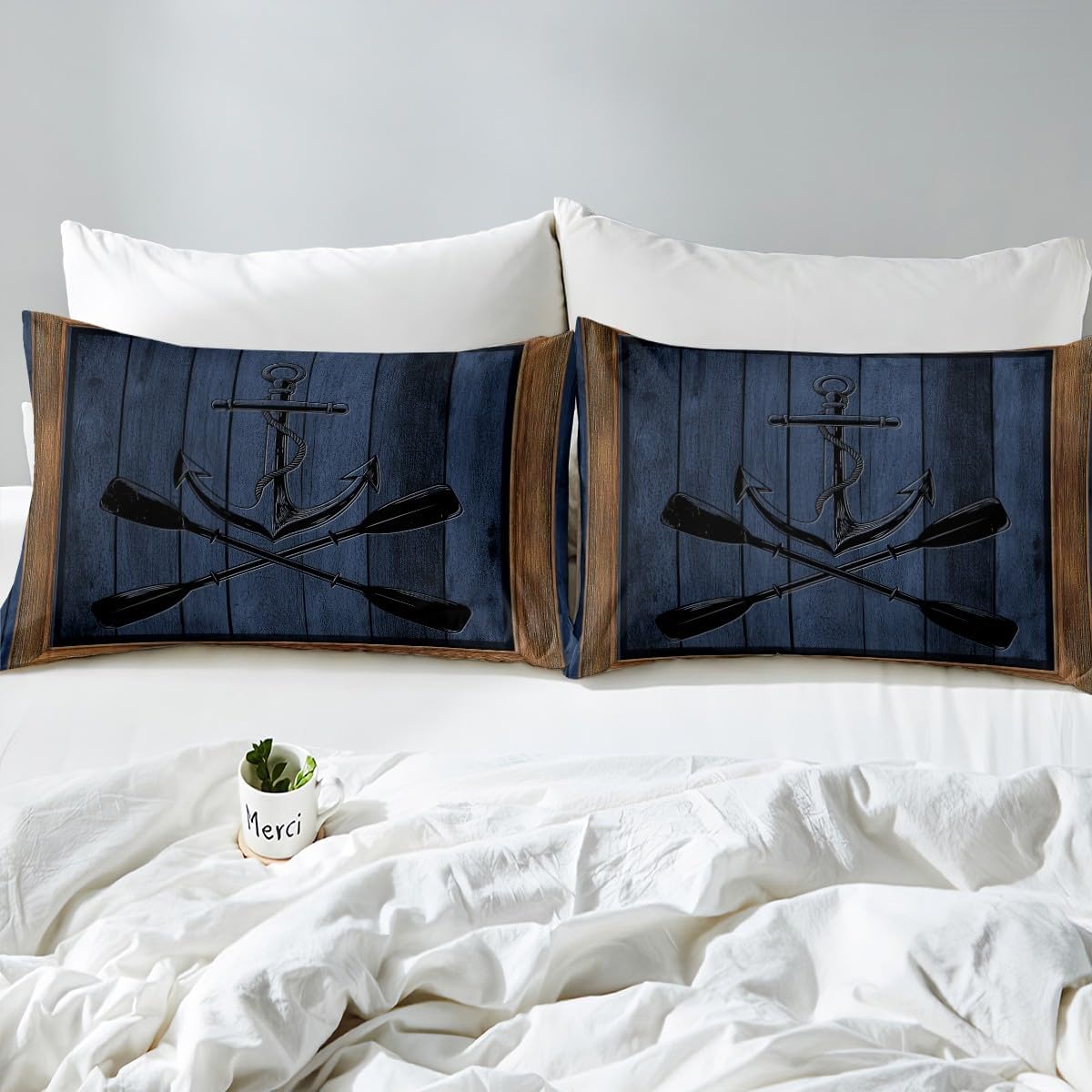 Castle Fairy Lake Life Bedding Set Queen Size,Nautical Anchor Paddle Print Duvet Cover Set for Children Adult,Navy Blue Wooden Board Rustic Plaid Soft Comforter Cover for Dorm Room, Zipper, Ties
