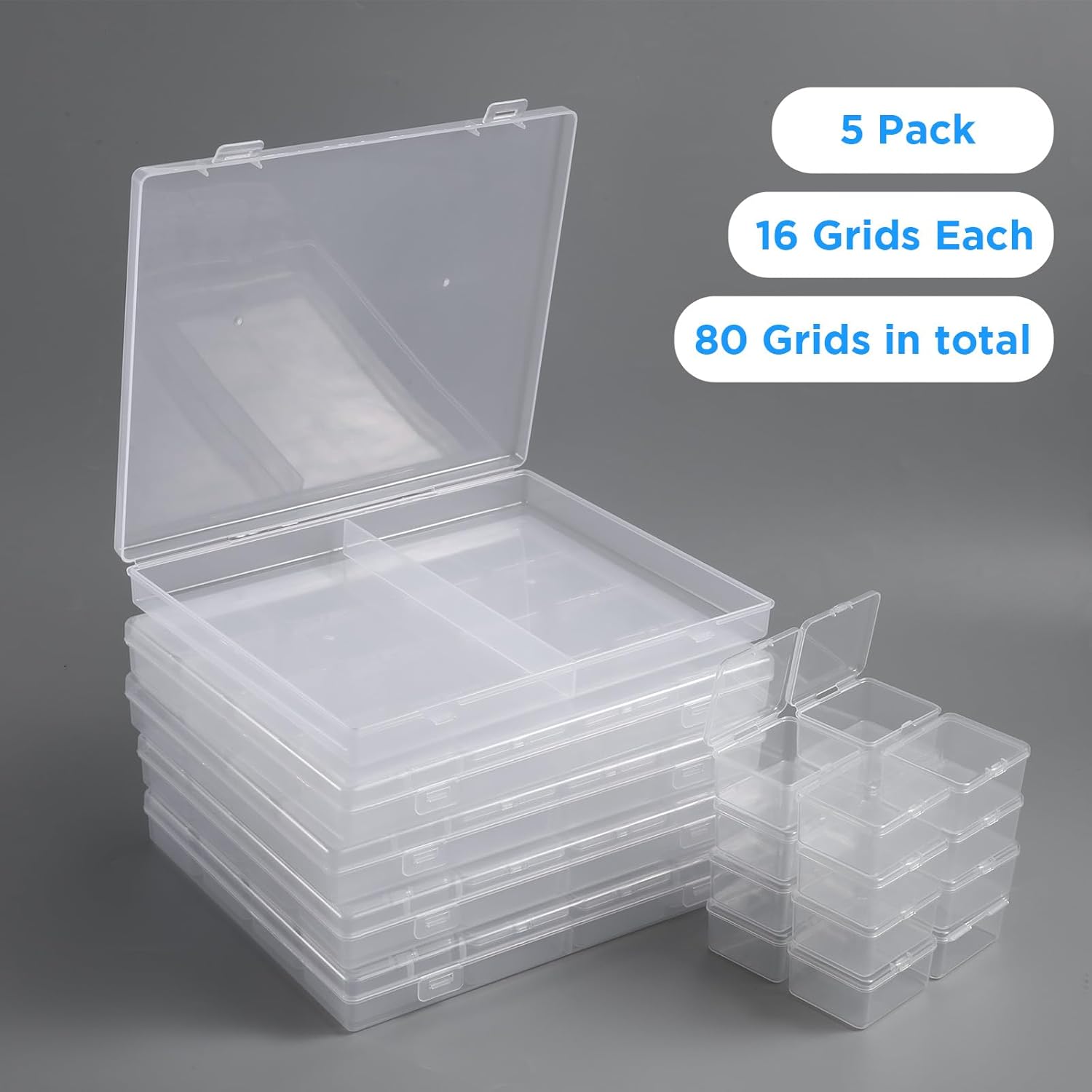 5 Pack Bead Storage Containers - Clear Plastic Bead Organizer Box with 80 Compartments, Hinged Lid Craft Storage for Drills, Jewelry, Seed Beads, Buttons, Pins, Small Parts (8.3" x 6.9" x 1.1")