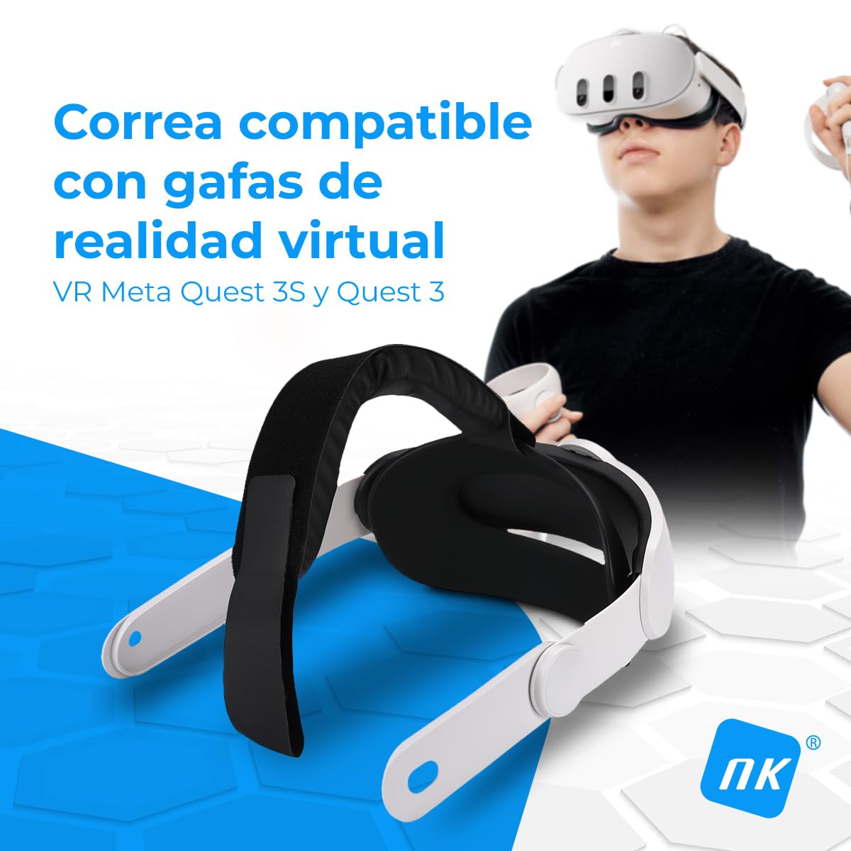 NK Correa para Gafas de Realidad Virtual, Compatible con Meta Quest 3S y Quest 3, Longitud Ajustable y Recubrimiento Acolchado - Color Blanco