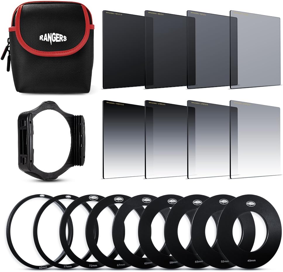 8pcs ND Filter Kit (Full and Graduated ND2, ND4, ND8, ND16 Filters, Optics) + 9 Filter Adaptors Ring (49-82mm) + 1 ABS Adaptor Holder + Carrying Pouch RA109