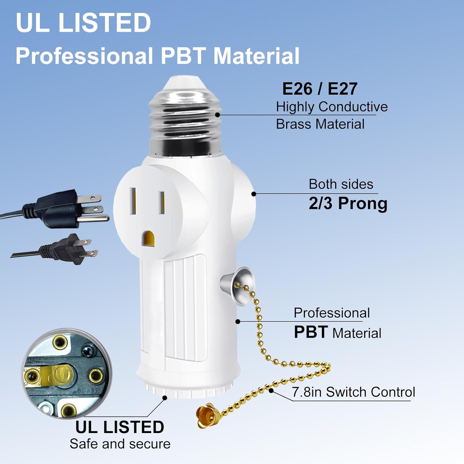Light Socket Outlet Adapter,E26 Light Bulb Socket - Converts Medium Screw Socket to 2 Outlets with Pull Chain Switch,Polarized Light Bulb Socket Splitter,White,2 Pack