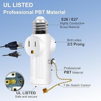 Light Socket Outlet Adapter, E26 Light Bulb Socket Plug with Switch,2 Pack