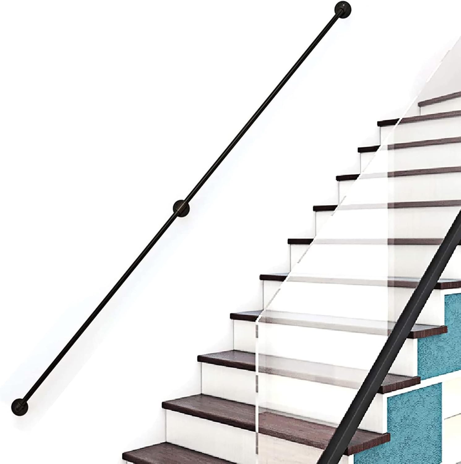 Industrial Staircase Handrail/Pipe Handrail Non-Slip Pipe Bar Foot Rail Wall Mount, Home Indoor Loft Against The Wall Old Non-Slip Kindergarten Handle, Black (1ft-20ft) (Size : 2ft