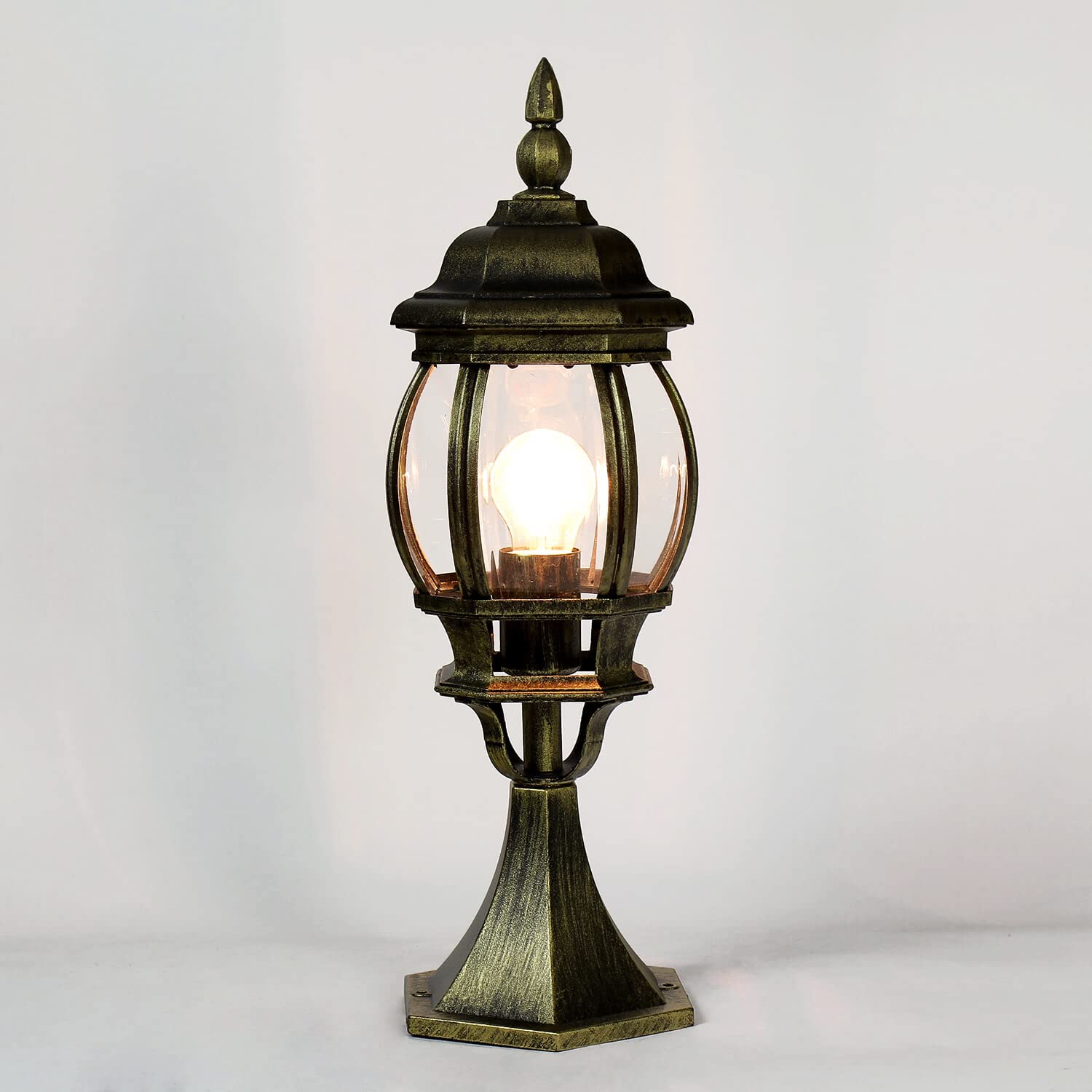 Licht-Erlebnisse Lámpara de sobremuro BREST Farola de estilo rústico en cristal y aluminio dorado antiguo E27 IP43 Lámpara de pie diseño retro para jardín