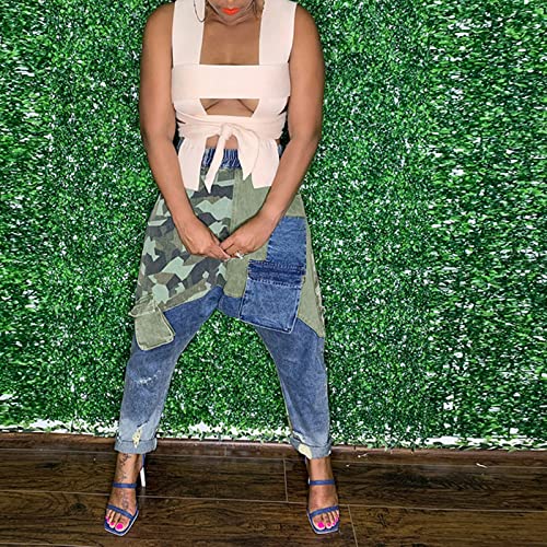 Women High Waisted Boyfriend Jeans Camo Patchwork Denim Joggers Straight Leg Cargo Pants with Pockets4