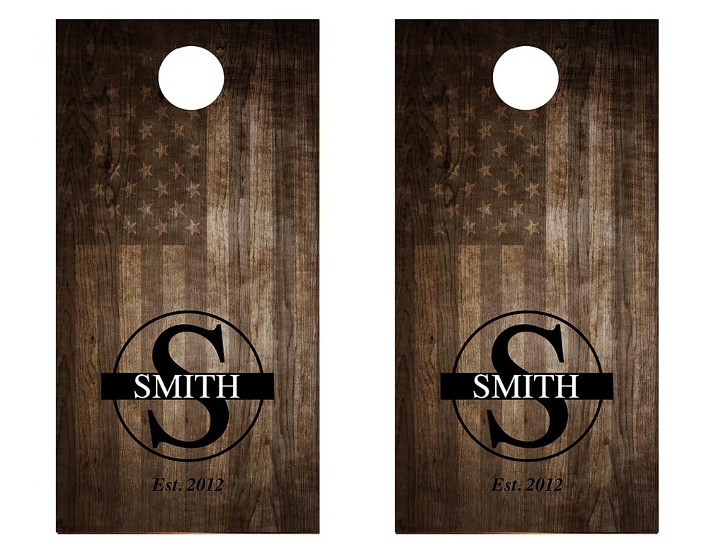 Cornhole Wraps - Customized Family Name Flag Design #734 - Personalized Cornhole Graphic Decals - Includes Application Squeegee - Set of (2) Cornhole Skins 25