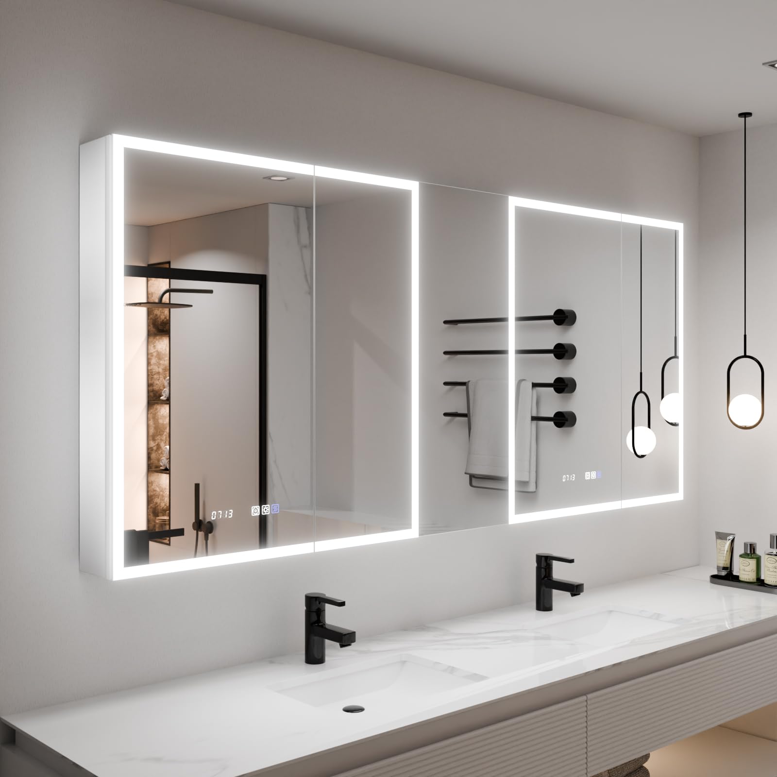 ExBrite LED Lighted Bathroom Medicine Cabinet 72 x 32 Inch, led Medicine Cabinet with Extra Closed Storage Cabinet,Defog,Temper/Clock,Dimming,Color