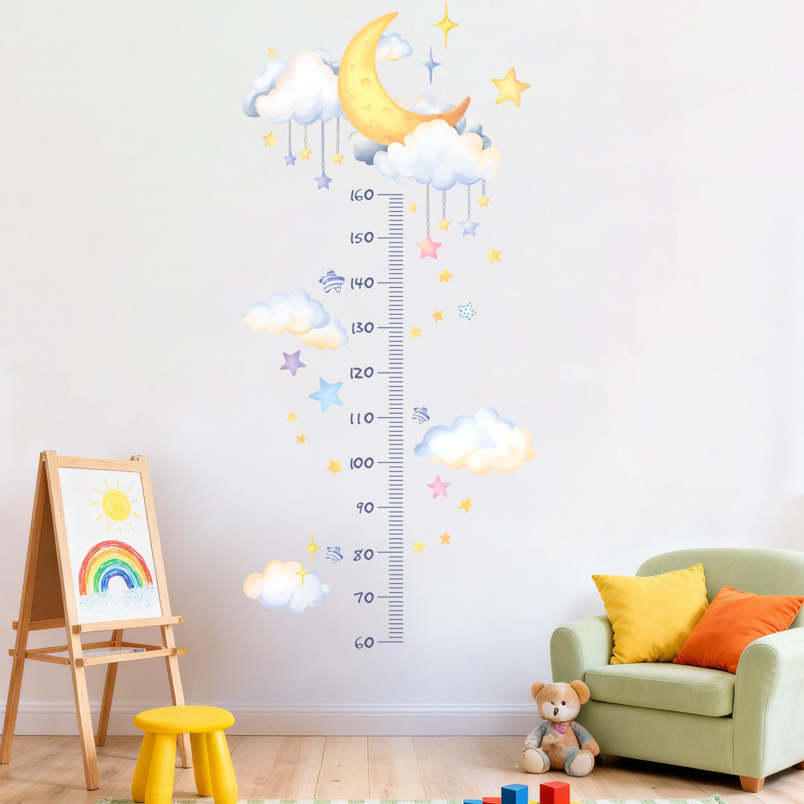 Pegatinas de Pared Medidor Altura Infantil Acuarela Adhesivos Pared Decorativo Luna Nubes Estrellas Vinilos para Habitación Bebé Niños Dormitorio Guardería