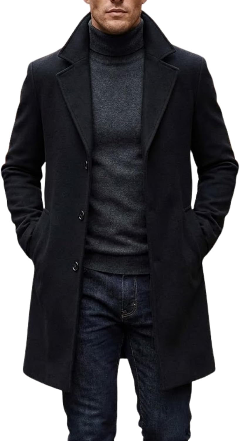 SBL SOUTH BEACH LEATHER Men's Wool Blend Pea Coat Single Breasted Casual Trench Coat Slim Fit Winter Warm Overcoat