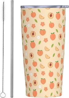 Sweet Peach 20oz Tumbler with Lid and Straw for Women, Summer Peach with Floral Insulated Tumblers Watercolor Cute Peachs Stainless Steel Tumbler Double Wall Vacuum Travel Mug Coffee Cup